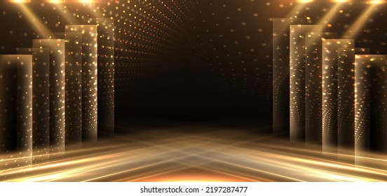 Elegant golden stage diagonal glowing with lighting effect sparkle on black background. Template premium award design. Vector illustration