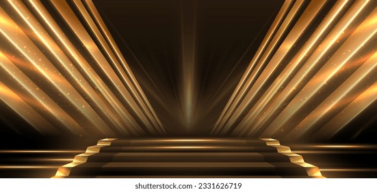 Elegant golden stage diagonal glowing with lighting effect sparkle on black background. Template premium award design. Vector illustration