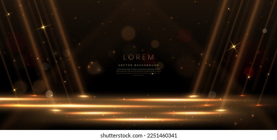 Elegante escenario dorado iluminado horizontalmente con efecto de iluminación brillante sobre fondo negro. Diseño de premio de plantilla premium. Ilustración del vector