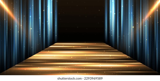 Elegant golden stage horizontal glowing with lighting effect sparkle on black background. Template premium award design. Vector illustration