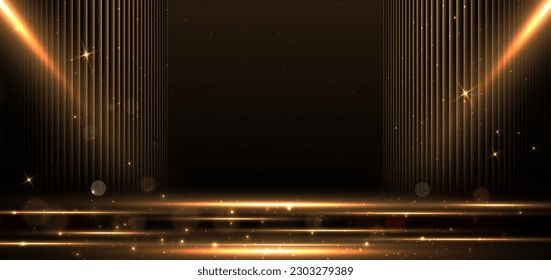 Elegante escenario dorado iluminado horizontalmente con efecto de iluminación brillante sobre fondo negro. Diseño de premio de plantilla premium. Ilustración del vector