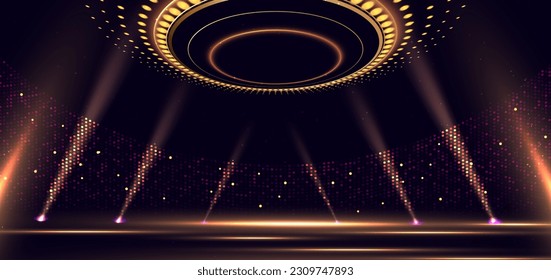 Elegant golden stage horizontal glowing with lighting effect sparkle on dark background. Template premium award design. Vector illustration