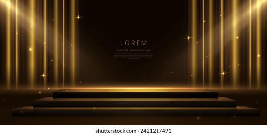 Elegante escenario dorado sobre fondo marrón oscuro brillando con efecto de iluminación brillante. Diseño de premio de plantilla premium. Ilustración del vector