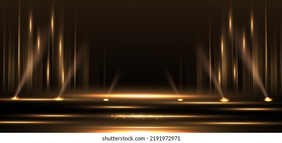 Elegant golden stage vertical glowing with lighting effect sparkle on black background. Template premium award design. Vector illustration