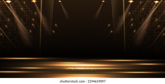 Elegant golden stage vertical glowing with lighting effect sparkle on black background. Template premium award design. Vector illustration