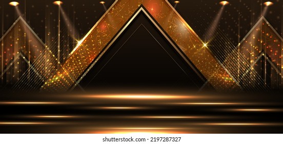 Elegante escenario dorado vertical brillante con efecto de iluminación brillante sobre fondo negro. Diseño de premio de plantilla premium. Ilustración del vector