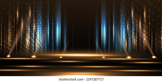 Elegant golden stage vertical glowing with lighting effect sparkle on black background. Template premium award design. Vector illustration