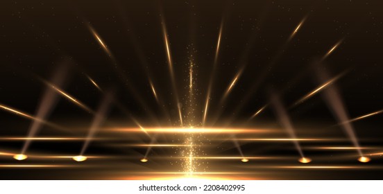 Elegant golden stage vertical glowing with lighting effect sparkle on black background. Template premium award design. Vector illustration