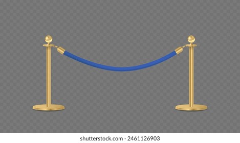 Elegant Golden Stanchions or Metal Posts Connected By A Luxurious Blue Velvet Rope Isolated On Transparent Background