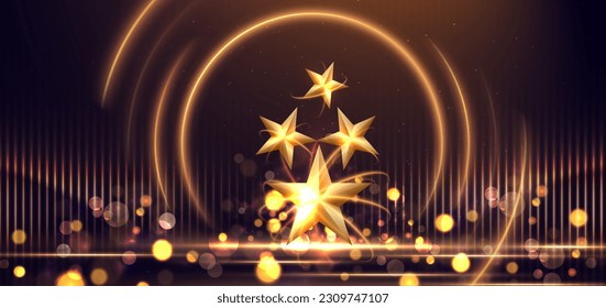 Escena elegante de estrellas doradas en vertical brillante con efecto de iluminación brillante y bokeh sobre fondo oscuro. Diseño de premio de plantilla premium. Ilustración del vector