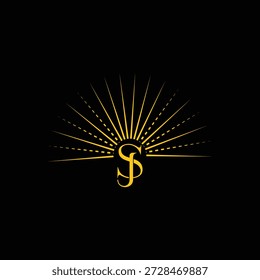 Elegantes goldenes Sonnenaufgang anfängliches Monogramm Logodesign auf schwarzem Hintergrund