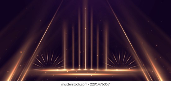 Elegant golden triangle glowing with lighting effect sparkle on dark purple background. Template premium award design. Vector illustration