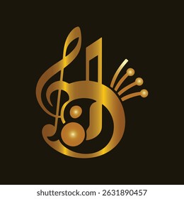 Elegant golden vector logo featuring abstract musical elements like treble clef, notes, and digital sound waves. Ideal for music studios, entertainment brands, or audio tech companies seeking a luxury