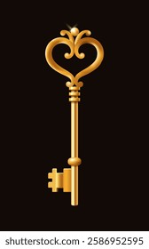 Elegant golden vintage key with a heart-shaped ornate top, symbolizing love and mystery, set against a dark background. Concept of romance, secrets, and success. Vector illustration