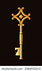 Elegant golden vintage key with intricate ornamental details, isolated on a black background. Concept of secrets, security, and wealth. Vector illustration