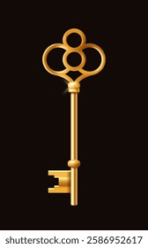 Elegant golden vintage key with intricate circular design, placed on a black background. Symbol of success, mystery, and unlocking opportunities. Vector illustration