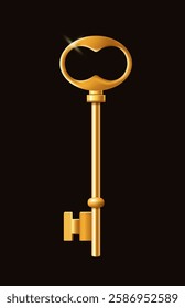 Elegant golden vintage key with a unique oval-shaped bow, isolated on a black background. Symbol of success, mystery, and opportunity. Vector illustration