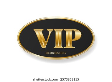 Elegant golden VIP text element with premium shine effect. Black sticker on transparent background. Vector illustration
