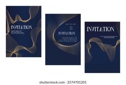 Elegant golden waves Luxury invitation card background. Premium geometric shape, bold gold line gradient on blue. Rich design for gala card, grand opening, party invitation, layout, templates.