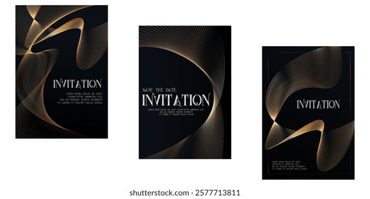 Elegant golden waves Luxury invitation card background. Premium geometric shape, gold line gradient on dark. Rich design for gala card, grand opening, party invitation, layout, templates.	