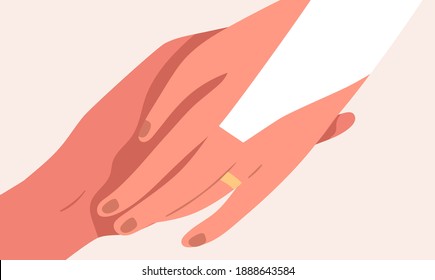 Elegant golden wedding ring on bride finger close up. Newlyweds hands together isolated on beige background. Newly married couple. Flat vector illustration svg