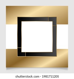 Elegant golden and white shiny glowing geometric square frame. Gold metal luxury blank border. Vector background illustration template.