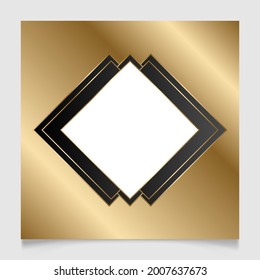 Elegant golden and white shiny glowing geometric frame. Gold metal luxury blank border. Vector background illustration template.