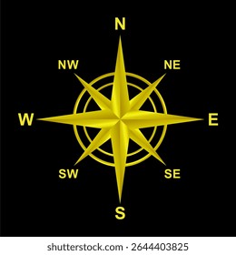 Elegante Arte vectorial de rosa de viento dorado aislado en negro. Símbolo de dirección de brújula de Premium para negocios, Tecnología, viaje, conceptos de éxito