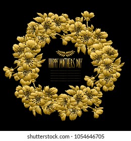 Elegant golden wreath with decorative  cherry blossom flowers, design element. Can be used for wedding, baby shower, mothers day, valentines day, birthday cards, invitations. Editable