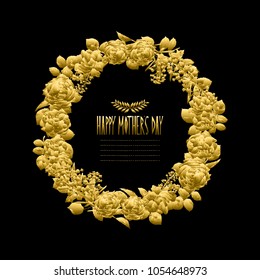 Elegant golden wreath with decorative rose  flowers, design element. Can be used for wedding, baby shower, mothers day, valentines day, birthday cards, invitations. Editable