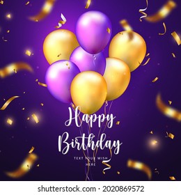 Elegant golden yellow purple balloon and party popper ribbon Happy Birthday celebration card banner template