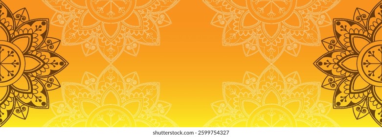 Elegant golden-yellow mandala background with intricate floral patterns and a gradient effect. Ideal for invitations, meditation themes, branding, and design