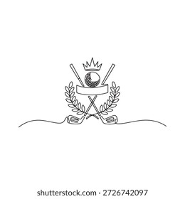 Elegante emblema de golf con palos coronados y diseño de corona de laurel