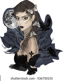 Elegant Gothic Lady with Ravens -  High Detailed Vector Poster