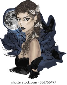 Elegant Gothic Lady with Ravens -  High Quality Vector Poster - Detailed Vector Arts - Gothic Girl - Beautiful Brunette Girl with Brown Eyes and Dark Lipstick
