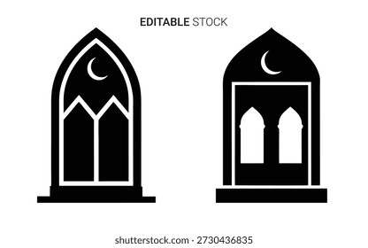 Elegantes diseños de ventanas góticas con lunas crecientes, presentados en un estilo de silueta negra audaz.