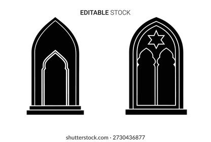 Elegant gothic window designs are presented as a striking black silhouette, emphasizing intricate detailing.