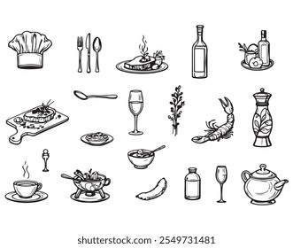 Elegante Gourmet Dining Outline Icon Kollektion - 25 Thin Line Editable Designs für kulinarische Themen