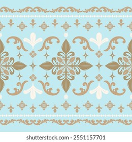 Elegant Grace Soft pastel blue, gold and beige motif embroidery decoration. Victorian's Evoke Border Pattern on luxury garments, Upholstery, High-end product packaging. Seamless classic baroque vector