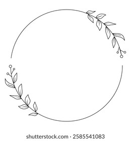 Elegant and graceful round frame with wrapped branches and leaves, made in a minimalist linear style.  Perfect for invitations, wedding designs, logos. minimalist botanical ornamen