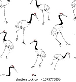 Elegant, graceful stork. Seamless pattern.  Vector illustration.