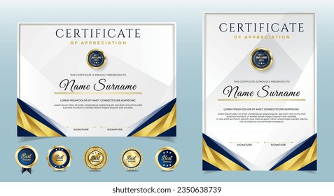 Elegant gradient golden blue luxury certificate with badges. vector