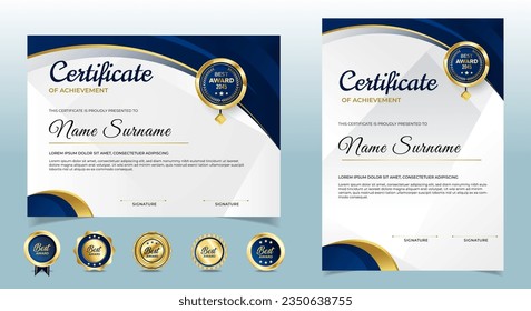 Elegant gradient golden blue luxury certificate with badges. vector