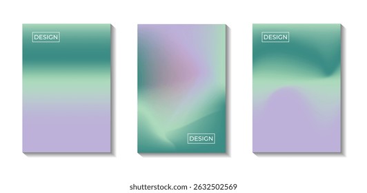 Cartazes de gradiente elegante com formas fluidas de verde suave e lavanda, projetados para marcas modernas e layouts editoriais. Isolado em fundo branco, vista frontal, estilo de vetor de alta clareza.