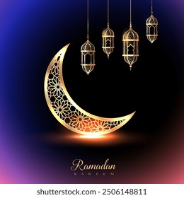 Elegant gradient Ramadan Kareem celebration card with golden crescent and lanterns hanging. Vector illustration design