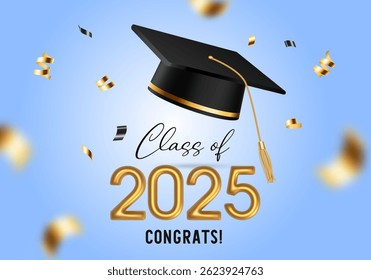 Elegant graduation celebration design featuring black and gold graduation caps, golden balloons, and festive confetti. Perfect for invitations, banners, and congratulatory messages.
