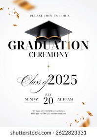 Elegant Graduation Ceremony Invitation with Cap, Golden Confetti, and Class of 2025 Typography Template. Vector Illustration.