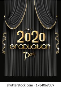 Elegant graduation party invitation card with black curtains with fringe. Vector illustration