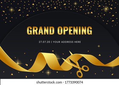 Elegant grand opening background with a black background and golden ribbon