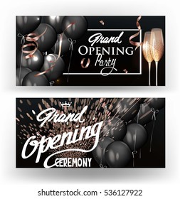 Elegant grand opening banners with black air balloons. Vector illustration